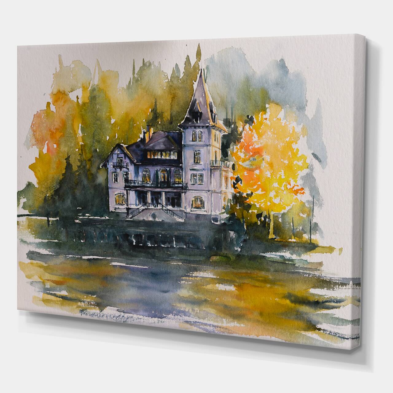 Designart - Castle By The Lake With Autumn Trees - Lake House Canvas Wall Art Print